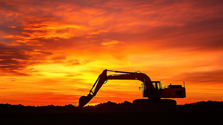 A striking silhouette of an excavator against a vibrant sunset sky filled with warm colors, highlighting the beauty of evening construction work.の素材