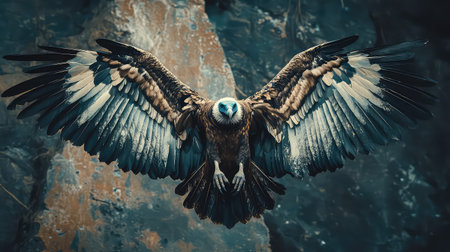 A striking close-up of a majestic eagle with outstretched wings, showcasing stunning feathers and power against a rugged rocky backdrop in nature.の素材