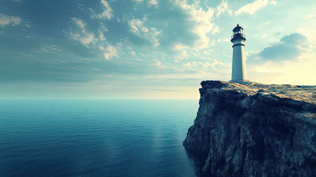 A stunning image features a lighthouse perched on a rocky cliff, casting its light over calm ocean waters. The sky is filled with dramatic clouds, creating a serene and peaceful atmosphere, ideal for themes related to travel, nature, and coastal living.の素材