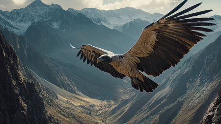 A stunning view of a vulture in flight over a dramatic mountain landscape. The rugged cliffs and snow-capped peaks create a breathtaking backdrop for this majestic bird, embodying freedom and the beauty of nature in a serene environment.の素材