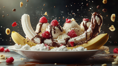 A vibrant and appetizing banana split topped with creamy ice cream, fresh raspberries, rich chocolate sauce, and crunchy nuts, creating a joyous dessert experience.の素材