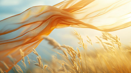 A beautiful scene showcasing flowing orange fabric gracefully dancing in a sunlit field of golden wheat grasses, creating a serene and tranquil atmosphere.の素材