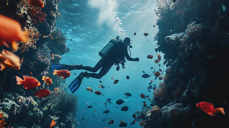 A diver navigates through a stunning coral reef filled with vibrant tropical fish, capturing the beauty and serenity of underwater exploration in the clear blue ocean.の素材
