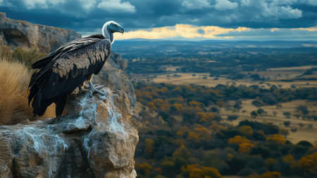 A stunning vulture stands proudly on a rocky cliff, surveying the expansive landscape below as dusk settles in. The dramatic sky adds to the scene's beauty.の素材