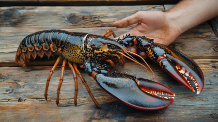 A fresh lobster resting on a rustic wooden table is delicately held by a hand. This image captures the essence of ocean harvesting and culinary excellence.の素材