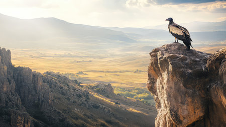 A stunning vulture perches on a rocky cliff, surveying the expansive landscape below. The soft sunrise illuminates the scene, capturing the beauty of nature.の素材