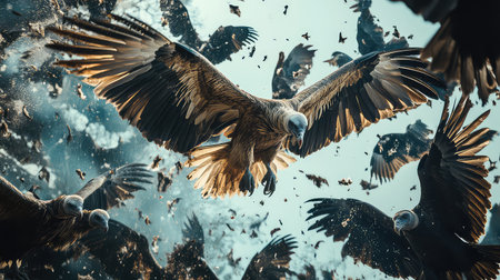 A breathtaking scene of vultures soaring through the air with dramatic wings spread wide. Dust and feathers swirl as these majestic birds navigate the wild landscape.の素材