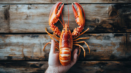 A vibrant lobster held in a hand against a rustic wooden background. This image showcases the natural beauty of fresh seafood, ideal for culinary inspiration.の素材