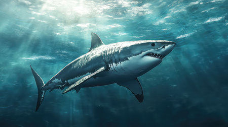 A stunning portrayal of a great white shark swimming effortlessly beneath the ocean's surface, illuminated by beams of sunlight. This image captures the beauty and majesty of one of nature's most formidable marine predators in its natural habitat.の素材