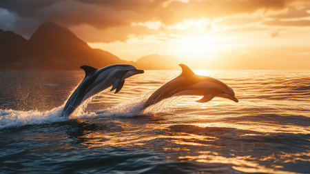 Two dolphins leap gracefully out of the ocean as the sun sets, creating a stunning silhouette against the sky and reflecting on calm waters.の素材