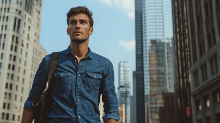 A stylish young man stands in a vibrant urban landscape, exuding confidence while surrounded by contemporary buildings, embodying modern city life.の素材