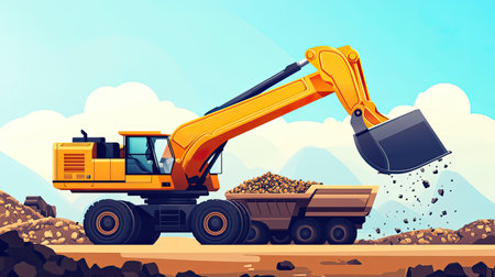A vibrant illustration of a heavy excavator at work on a construction site, with a clear blue sky and mountain backdrop, showcasing machinery in action.の素材