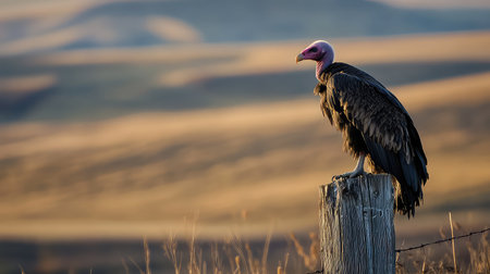 This striking image captures a vulture perched on a sturdy post, surveying the vast rural landscape bathed in warm dusk light, symbolizing solitude.の素材
