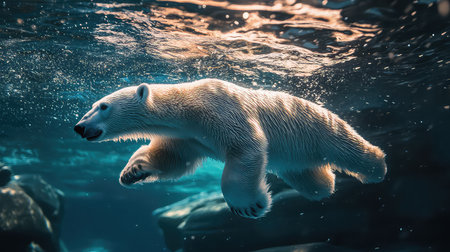A stunning image of a polar bear swimming gracefully through crystal clear water, capturing the essence of wildlife in its natural habitat, illuminated by sunlight.の素材