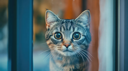 This captivating image captures the close-up of a curious domestic cat gazing through a window, showcasing its striking eyes and intricate fur details.の素材