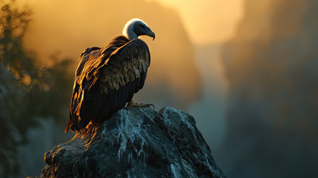 A stunning vulture stands proudly on a rocky cliff, illuminated by the warm glow of sunrise, showcasing the beauty of wildlife in a serene natural landscape.の素材