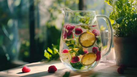 A beautifully arranged glass pitcher filled with refreshing infused water featuring vibrant raspberries, slices of lemon, and fresh mint leaves. This inviting drink showcases a healthy alternative to sugary beverages, perfect for summer gatherings or everyday hydration. The light and airy atmosphere enhances the natural colors and freshness, making it an appealing choice for wellness and lifestyle enthusiasts.の素材