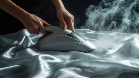 A close-up view of a steam iron in action on a silky fabric, showcasing hands operating the appliance with steam billowing, representing household tasks.の素材
