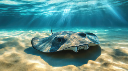 A stunning underwater scene featuring a stingray gliding gracefully across a sandy ocean floor. Sunlight filters through the water, creating a serene atmosphere.の素材