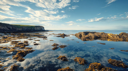 This stunning coastal landscape captures a serene seascape with vibrant seaweed beneath a clear blue sky, reflecting peaceful nature's beauty.の素材