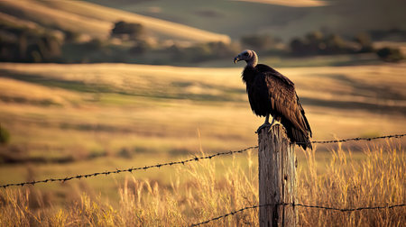 A striking vulture sits on a rustic wooden post, overlooking expansive golden grasslands and rolling hills, capturing the essence of tranquility in nature.の素材