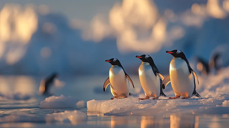 This stunning image captures three penguins standing on a piece of ice with a breathtaking sunset in the background. The scene radiates beauty and tranquility.の素材