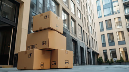 A group of stacked brown cardboard boxes stands in a modern urban setting, showcasing delivery logistics and contemporary architectural design.の素材