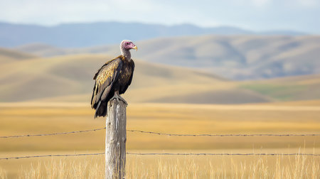 A striking vulture sits atop a rustic fence post, surveying its surroundings against a backdrop of expansive hills and muted autumn colors.の素材