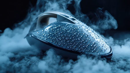 A sleek modern iron showcasing water droplets and steam on a dark surface. Perfect for illustrating home appliances, household cleaning, and innovation in design.の素材