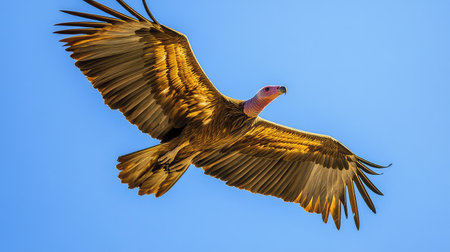 A stunning image captures a vulture soaring gracefully against a bright blue sky. The bird showcases its magnificent wingspan highlighted by sunlight, emphasizing the beauty of wildlife in its natural habitat.の素材