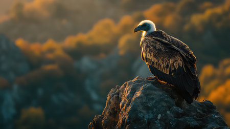 A majestic vulture sits on a rock, showcasing its impressive features against a backdrop of soft sunset hues, perfect for nature lovers.の素材