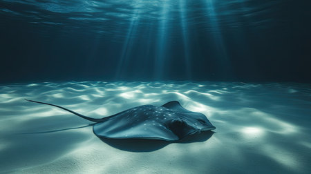 A majestic stingray glides effortlessly over a sandy ocean floor, illuminated by gentle beams of sunlight penetrating the water, creating a serene underwater landscape.の素材