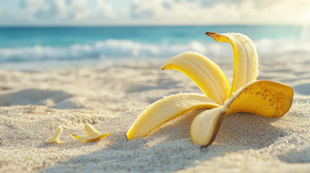 A vibrant yellow banana rests on soft sandy beach, with gentle ocean waves in the background under a clear blue sky, evoking a relaxed summer vibe.の素材