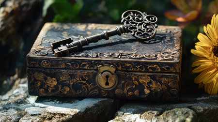 Captivating antique decorative box with an intricately designed key set against a garden backdrop, evoking feelings of nostalgia and mystery.の素材
