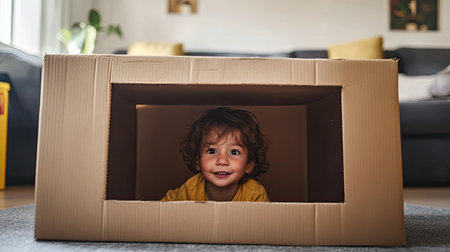 A cheerful child peeks out from a cardboard box, showcasing pure joy and curiosity. The cozy indoor setting emphasizes childhood adventure and creativity.の素材