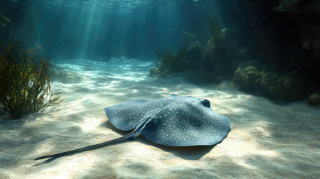 A stunning underwater perspective showcasing a stingray gracefully gliding across a sunlit sandy ocean floor, surrounded by aquatic life.の素材