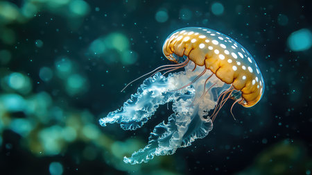 A stunning jellyfish glides through clear blue waters, showcasing its intricate patterns and glowing tentacles, embodying the beauty of marine life.の素材