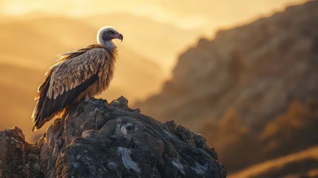 A stunning vulture stands proudly on a rocky outcrop, illuminated by the warm hues of a golden sunset, surrounded by serene mountains and peaceful scenery.の素材