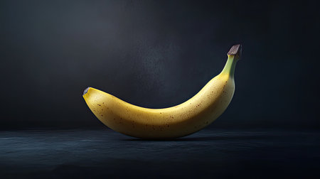 This stunning image features a single ripe banana set against a dark background. The vibrant yellow of the fruit contrasts beautifully with soft lighting, enhancing its natural shine.の素材