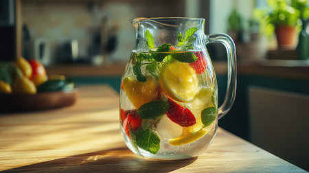 A vibrant and refreshing pitcher of fruit-infused sparkling water featuring lemon, mint, and berries, perfect for hydration and summer gatherings.の素材