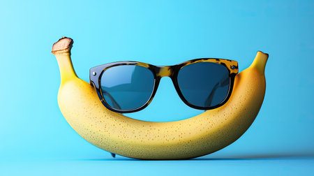 This vibrant image features a playful composition of sunglasses placed on a banana, set against a bright blue background. Ideal for summer themes.の素材