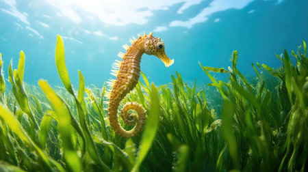 A beautiful seahorse gracefully swims amid lush green seaweed in clear ocean waters, showcasing its delicate features and vibrant colors. This tranquil underwater scene captures the essence of marine beauty and biodiversity.の素材