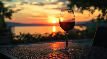 A glass of red wine sits gracefully on a table, overlooking a breathtaking sunset that casts a warm glow on tranquil water, epitomizing relaxation.の素材