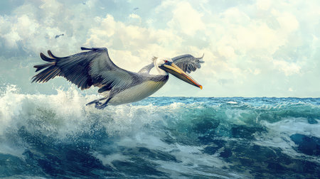 A stunning pelican captures the essence of freedom as it glides gracefully above turbulent ocean waves, framed by a dramatic sky and serene scenery.の素材