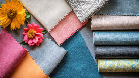 A vibrant arrangement of colorful fabric swatches alongside flowers, perfect for inspiring textile design and fashion creativity, showcasing texture and color.の素材
