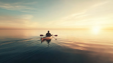 A solitary kayaker glides across calm waters at sunset, surrounded by a picturesque landscape. The gentle ripples and soft sky create a serene atmosphere.の素材