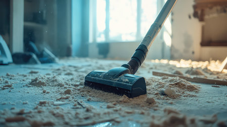 A vacuum cleaner lies on a dusty floor, illustrating the chaos of a home renovation. Sunlight pours through windows, highlighting the dust particles in the air.の素材