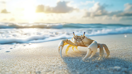 A close-up view of a sand crab on a beach, highlighting its unique features against the backdrop of waves and a beautiful sunset. This stunning image captures the essence of coastal wildlife and serene environments.の素材