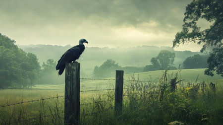 A striking image of a vulture standing gracefully on a weathered fence post, surrounded by a misty landscape. The serene atmosphere captures the essence of nature's beauty.の素材