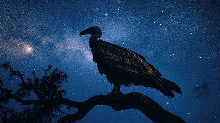 A striking silhouette of a vulture stands on a branch, set against a breathtaking starry night sky filled with a cosmic backdrop, embodying solitude and beauty.の素材